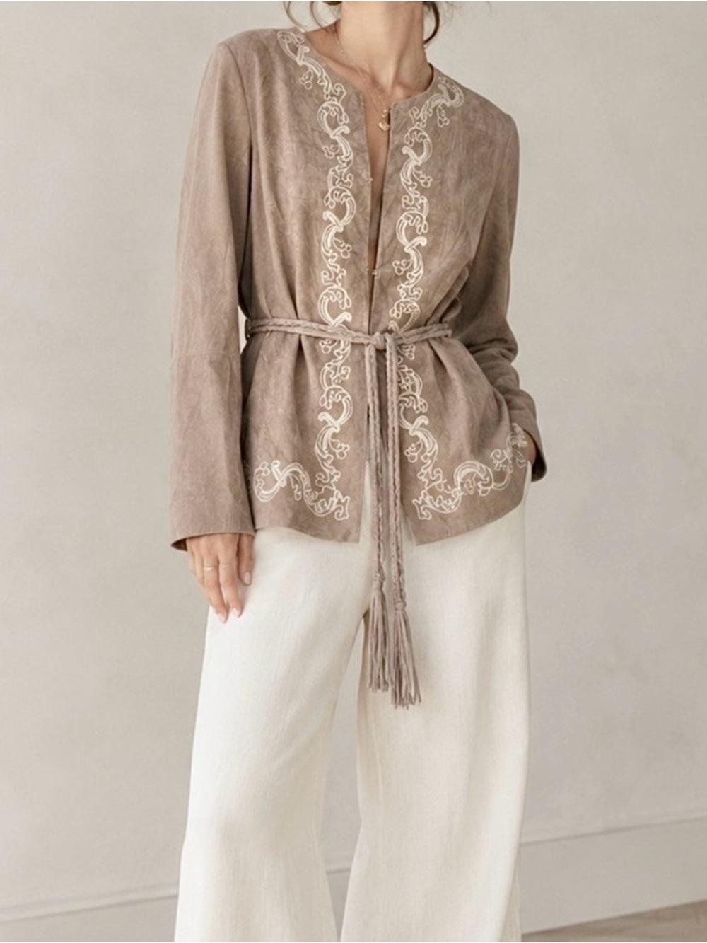 ⏱️💲🔻 CABO Suede Jacket with Braided Tie Belt - Taupe - Vintage